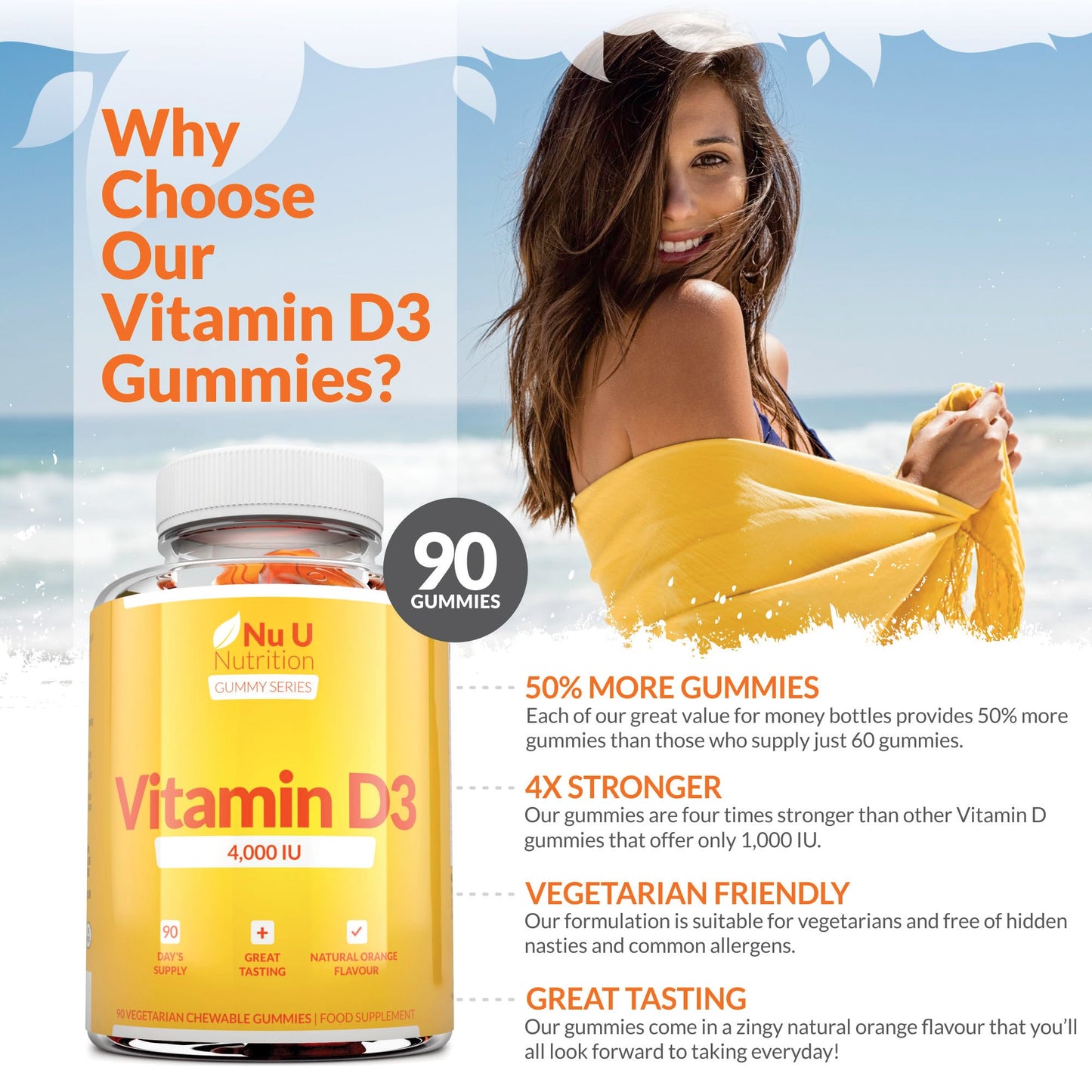 Vitamin D3 Gummies 4000 IU Adults - 90 High Strength Gummies - 1 a Day - Natural Orange Flavour - Vegetarian VIT D Supplement - Chewable VIT D Gummy - Made in The UK - Nu U Nutrition