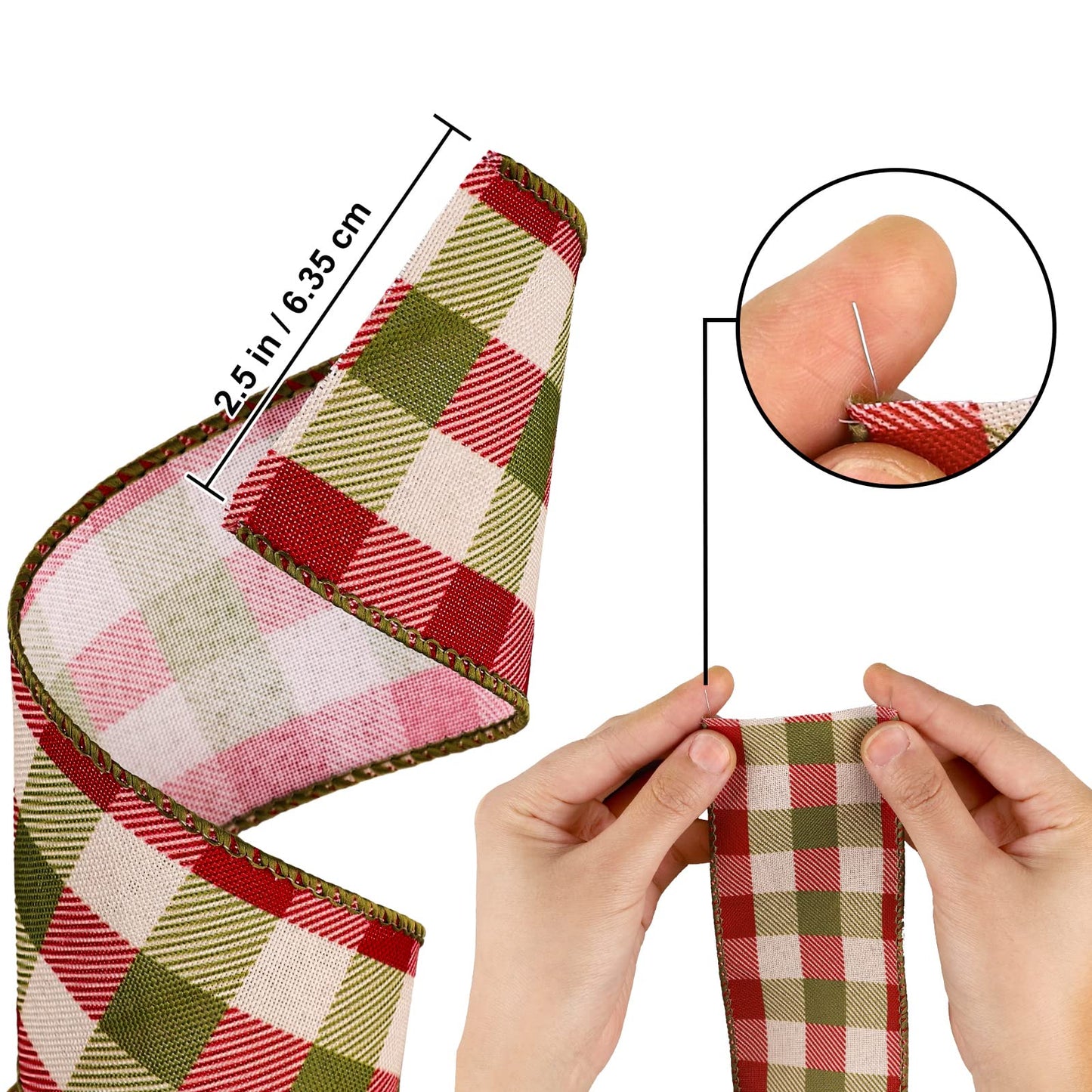 Whaline 2 Rolls Wired Edge Plaids Ribbon - Christmas Buffalo Check Red Green, 2.5 Inch Farmhouse Craft for DIY Gift Wrapping, Wreath, Xmas Tree Bow Decoration, 10 Yards