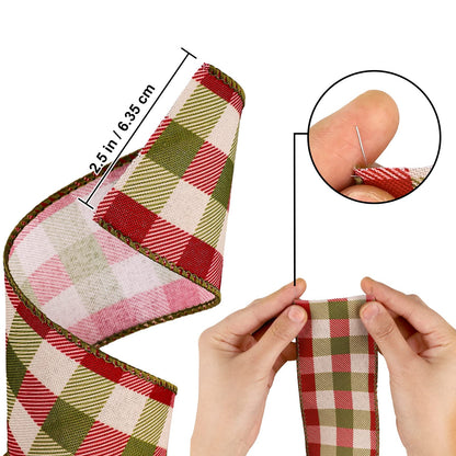 Whaline 2 Rolls Wired Edge Plaids Ribbon - Christmas Buffalo Check Red Green, 2.5 Inch Farmhouse Craft for DIY Gift Wrapping, Wreath, Xmas Tree Bow Decoration, 10 Yards