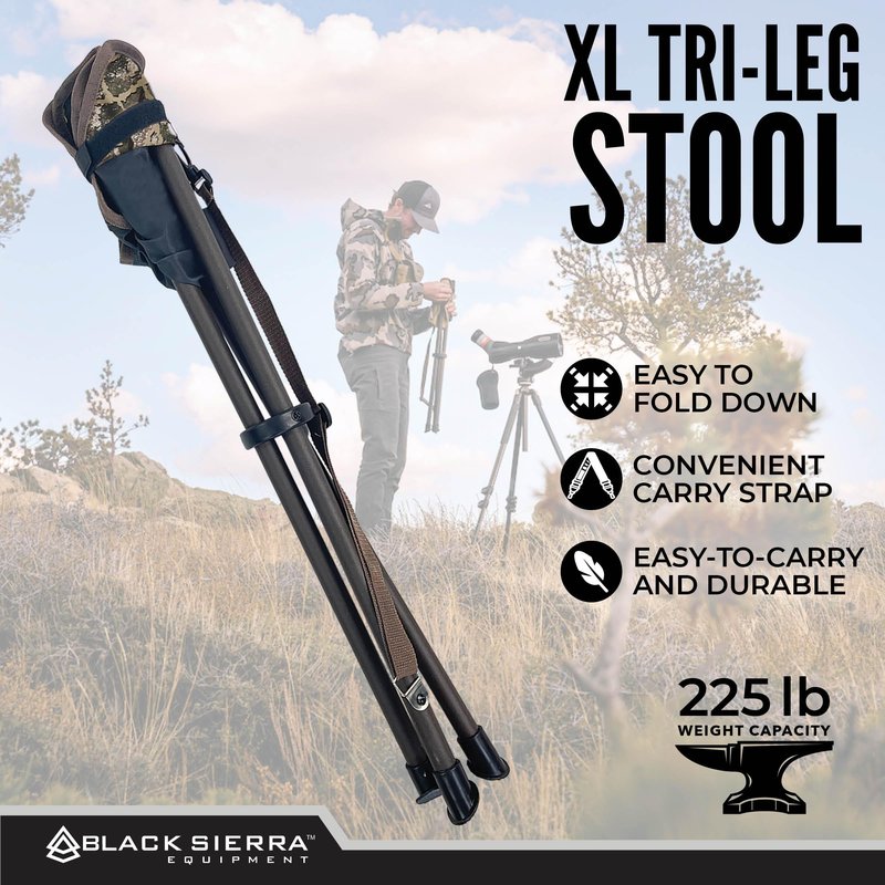 Black Sierra Folding Hunting Stool with Shoulder Strap, Lightweight Collapsible Tripod Seat, Steel Frame Supports 225 lbs, Portable Foldable Chair for Hunting Blind, Fishing, Hiking, Travel