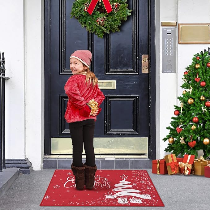 CAROMIO Christmas Welcome Mat 20x32 Inch - Xmas Decorative Doormat with Christmas Tree & Snowflake Pattern - Non Slip, Holiday Outdoor/Indoor Entrance Floor Mat