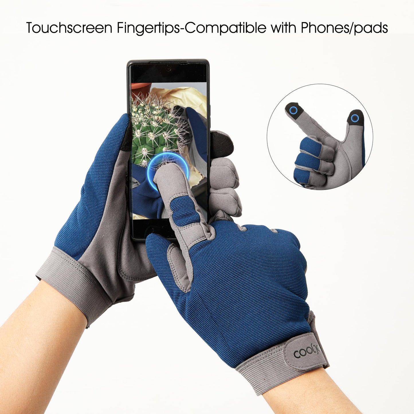 COOLJOB Thorn Proof Garden Gloves with Touchscreen Fingers for Men, Rose Pruning Work Gloves with Palm Cushion for Gardener, Farmer and Landscaper (Navy 1 Pair Large)
