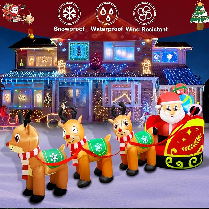 Giant Inflatable Outdoor Decoration Santa Claus on Sleigh with 3 Reindeer, Built-in LED Light, Christmas Decorations for Lawn Party Holiday