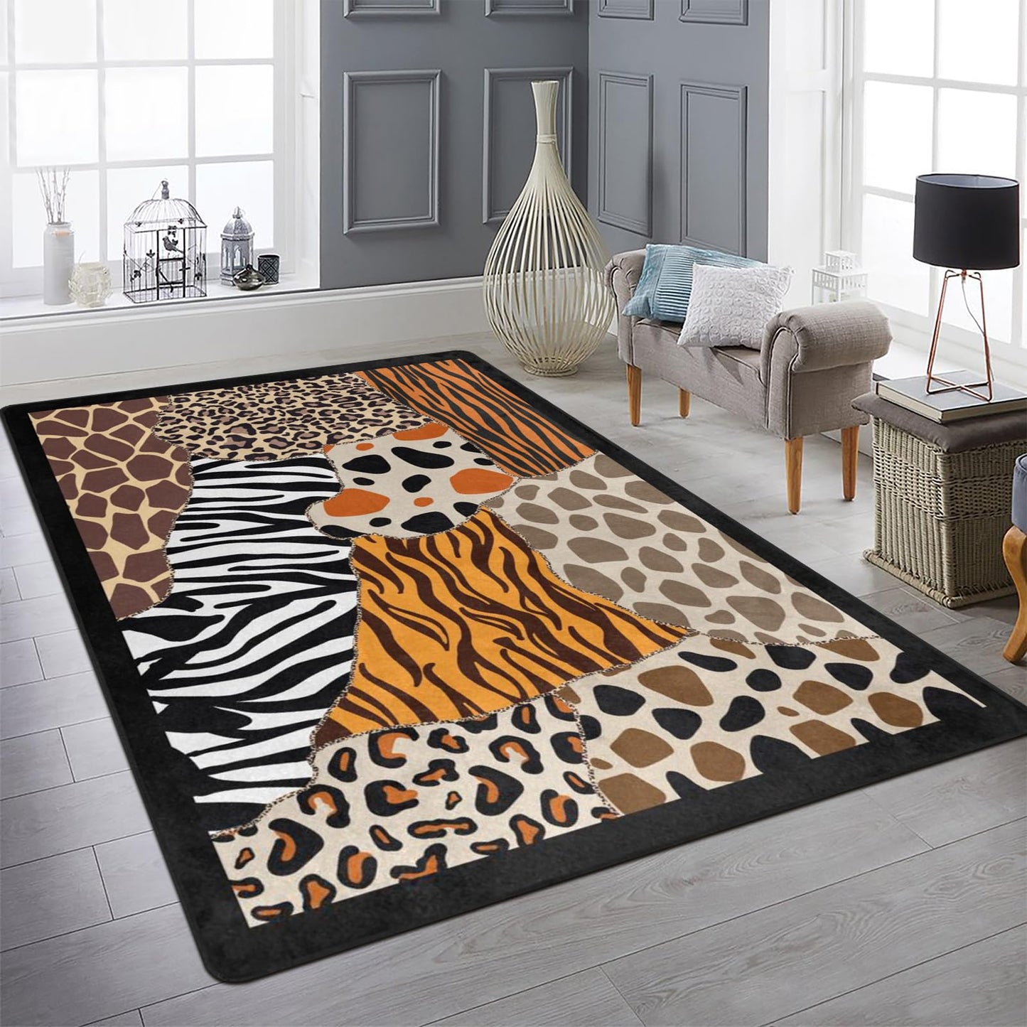 9CH Abstract Leopard Area Rug 7' X 5' Black Brown Animal Skin Print Floor Carpet Non-Slip Soft Modern Rugs for Girls Bedroom Office Dining Room Living Room