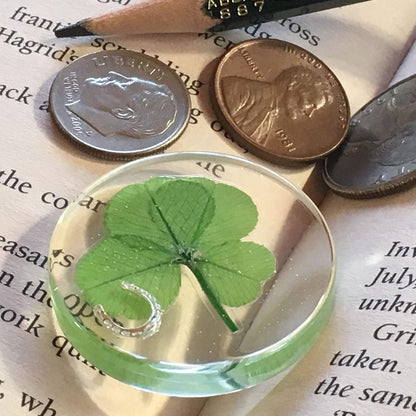 Real Four Leaf Clover Good Luck Pocket Token, Preserved, 1.25”, Including Metal Horseshoe Object (Silver)