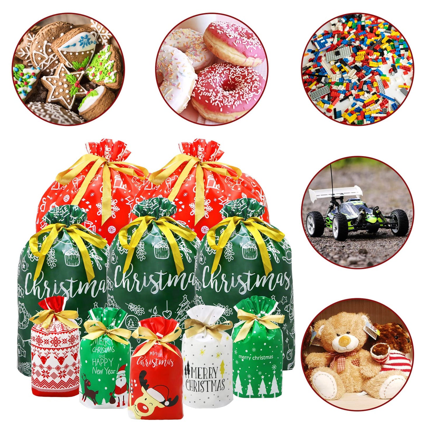 ZMCINER 38 PCS Christmas Drawstring Gift Bags Assorted Sizes Christmas Bags Drawstring for Gifts for Xmas Holiday Presents Party Favor