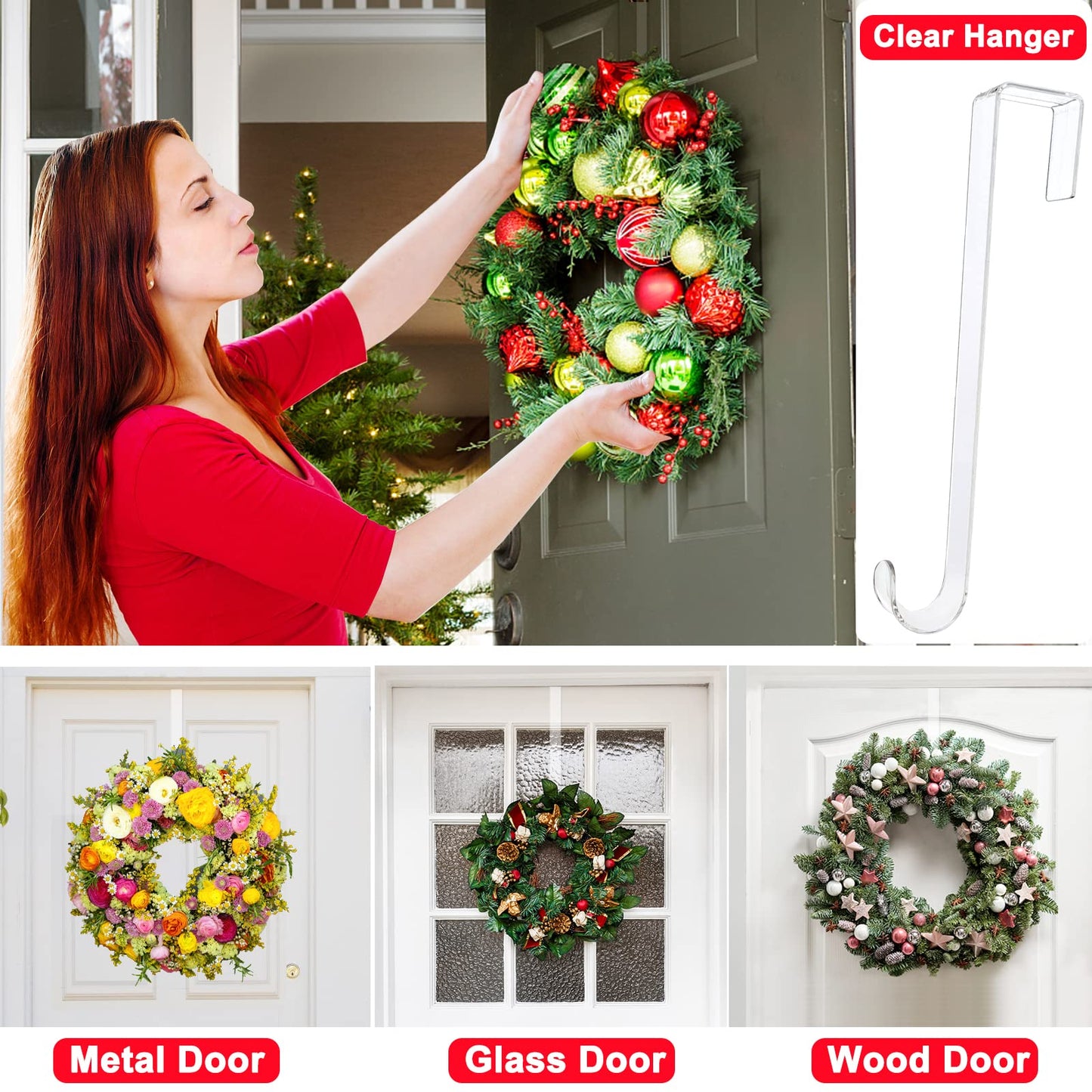GREAZONE 12" Clear Wreath Hangers, 2 Pack Non Scratch Over The Door Hooks, Welcome Sign for Front Door Decor