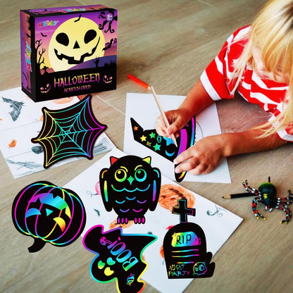 MGparty Scratch Paper Art for Kids - 96 Pcs Halloween Magic Rainbow Scratch Paper Off Cards Set for Kids Crafts Arts Supplies Halloween Party Games Ornaments Birthday Gift
