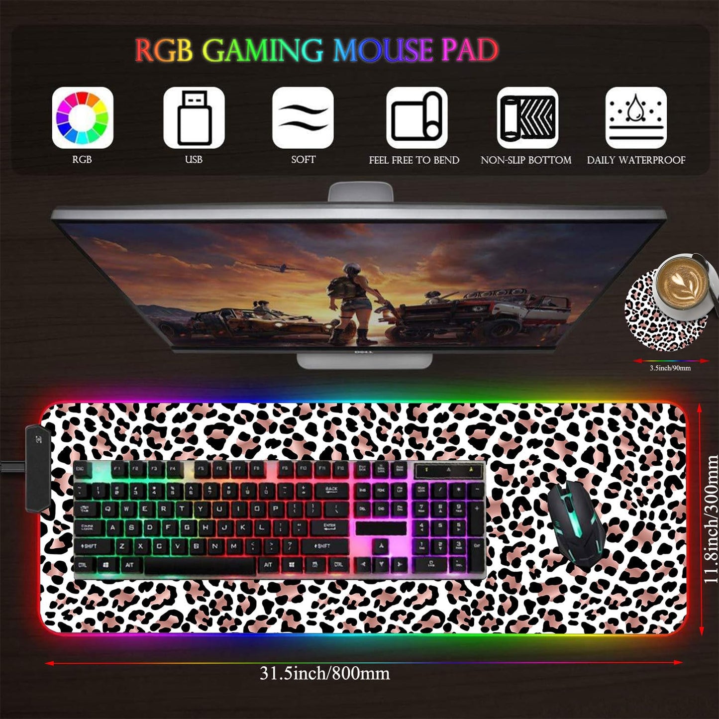 CICPLKSE Customized RGB Gaming Mouse Pad and Coffee Coaster,Large Glowing Led Anti-Slip Rubber Base Computer Keyboard Desk Mouse Mat 31.4x11.8 Inch,Leopard Print