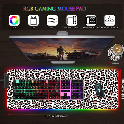 CICPLKSE Customized RGB Gaming Mouse Pad and Coffee Coaster,Large Glowing Led Anti-Slip Rubber Base Computer Keyboard Desk Mouse Mat 31.4x11.8 Inch,Leopard Print