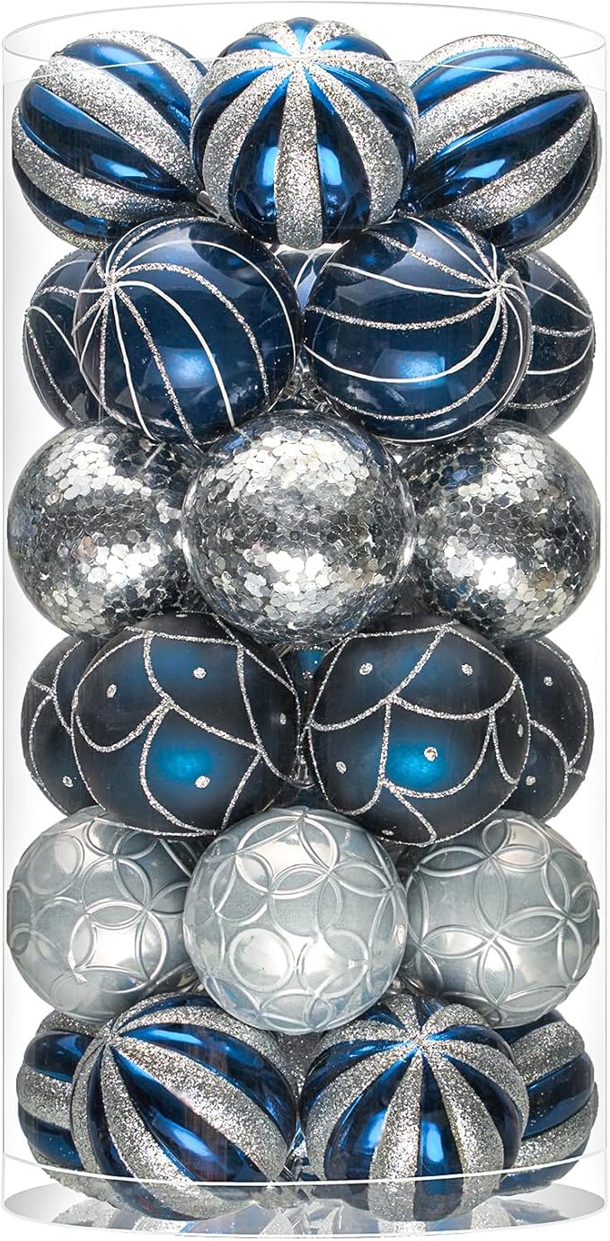 JORNOY Christmas Balls Ornaments, 30ct Shatterproof Xmas Tree Decorations, Hanging Bulbs Baubles Set with String for Holiday Home Party Decor, 2.36 inch/60mm, Navy Blue&Silver