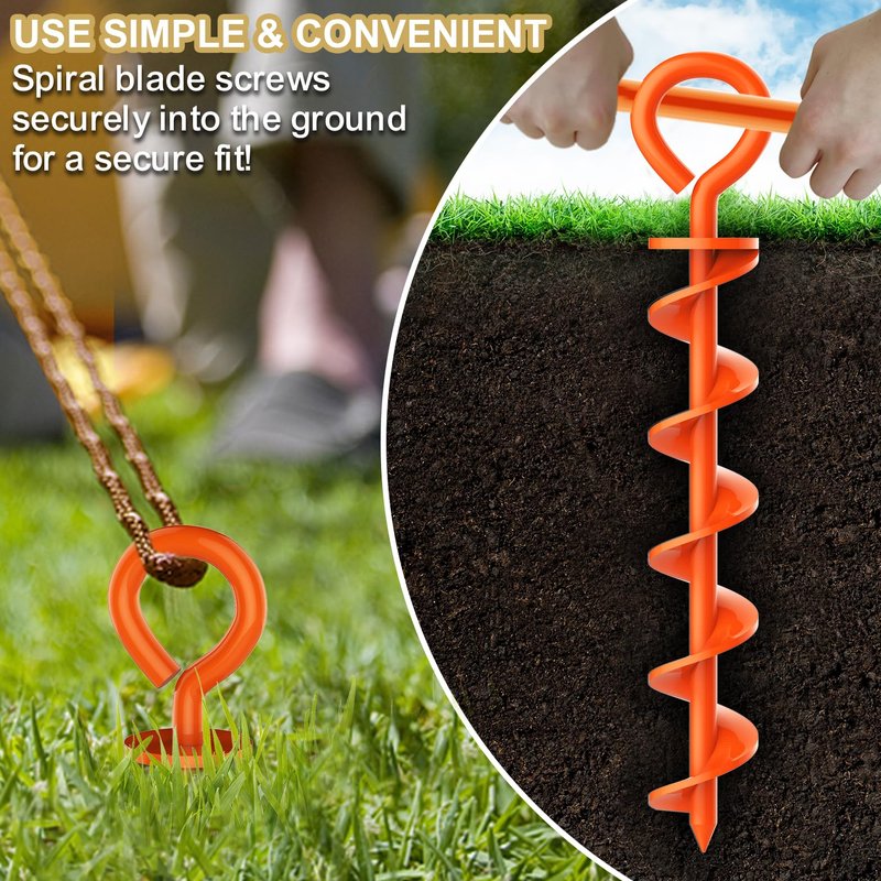 Eurmax USA 4 Pack Heavy Duty Ground Stakes,Industrial Grade Spiral Steel Screw-in Anchors with 4 Bonus Tie-Down Ropes,High Wind Stabilizing Kit for Trampolines,Dog Tie-Out,Canopy Tents,Sheds,Orange