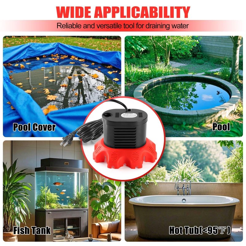 FIDISP Pool Cover Pump, 850 GPH Water Pump for Pool Draining With 4 Hose Adapters, 20 FT Drain Hose, 25 FT Power Cord, Pool Cover Pumps Above Ground for Drainage of Pool Covers, Ponds and Tubs(Red)