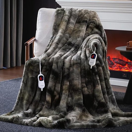 Guohaoi Heated Blanket Electric Throw, Soft Faux Rabbit Fur Electric Blanket with 10 Heating Levels 5 Sitting Timer Auto Off, Cozy Warm Heating Blankets, Machine Washable(90"×100" Dark Grey)