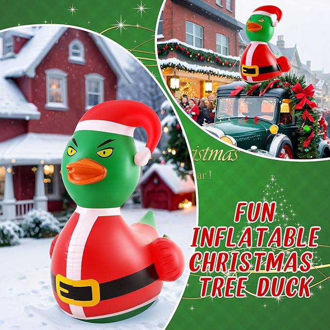 Hungdao 1 Pcs 4 Feet PVC Christmas Giant Inflatable Green Hair Monster Duck Huge Rubber Large Blow up Duck Christmas Pool Floats for Xmas Holiday Indoor Outdoor Pool Decorations