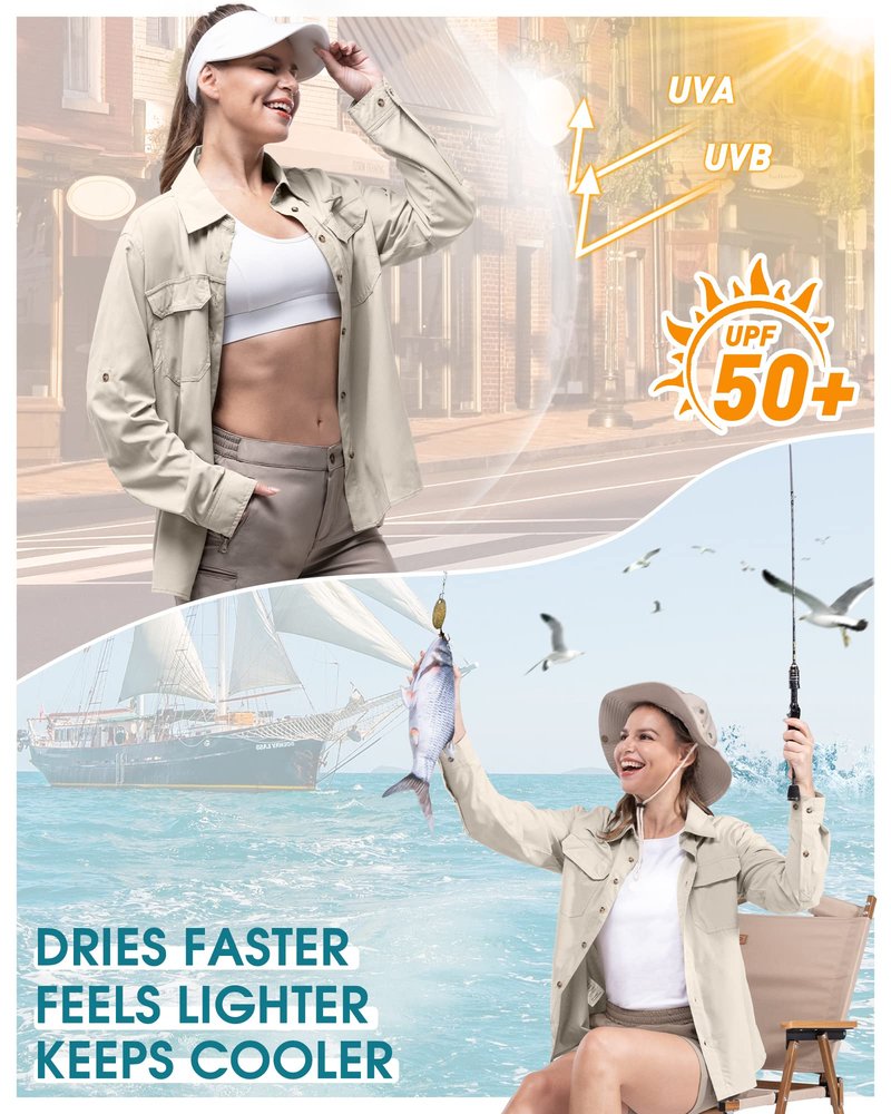 33,000ft Women's UPF 50 UV Sun Protection Shirt, Cool Quick Dry Long Sleeve Outdoor Fishing Hiking Safari Travel Shirt Light Khaki
