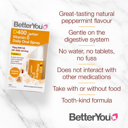 BetterYou Vitamin D 400 IU Junior Daily Oral Spray, Pill-Free Vitamin D3 Supplement for Children, 3-Month Supply, Made in The UK, Natural Peppermint Flavour (Pack of 2)