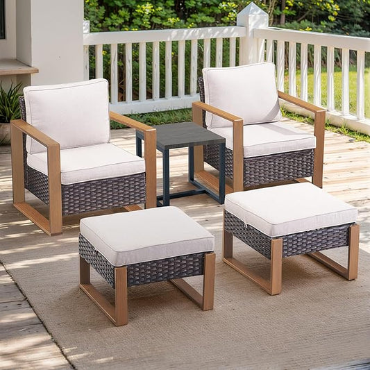 Rilyson Outdoor Wicker Patio Furniture Set - 5 Piece Patio Conversation Set with 2 Wicker Armrest Chairs,2 Rattan Ottoman, 1 Side Table, Sturdy Frame, Thick Cushions, Deep Seating(Brown/Beige)