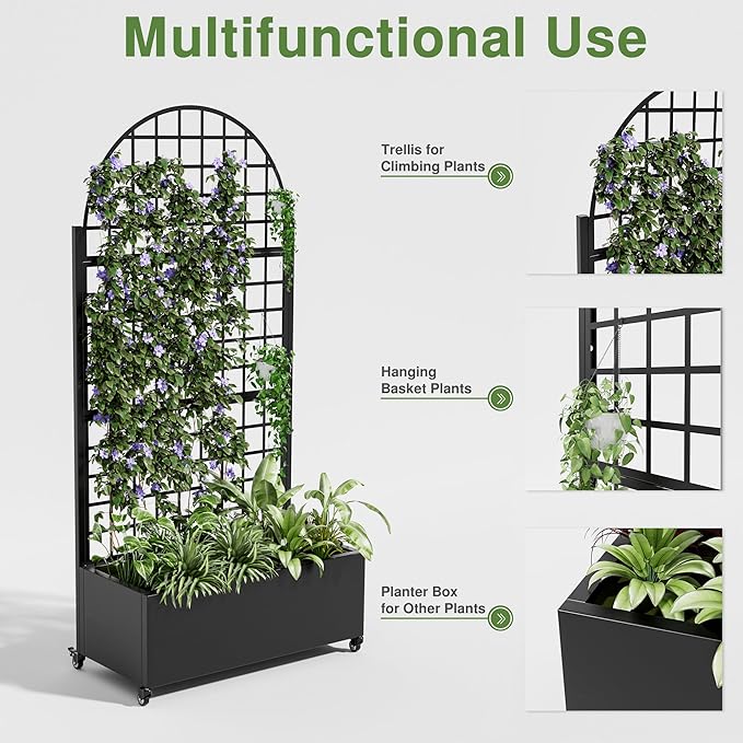 Casaphoria Metal Raised Garden Bed with Trellis and Wheels, 72"x35"x16" Arched Planter Box for Climbing Plants, Vegetables & Vines, Features Drainage Holes and Privacy Screen (Black-Grid)