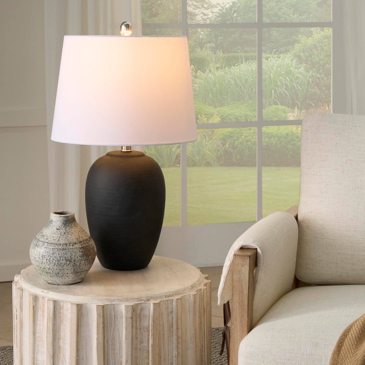 Nourison Home 23" Black Vintage Distressed Ceramic Pot Table Lamp for Bedroom, Living Room, End Table, with White Tapered Drum Shade