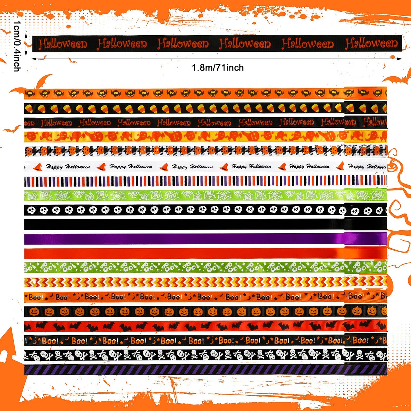20 Rolls 40 Yards Halloween Ribbons Thin Grosgrain Ghost Skull Pumpkin Spider Witch Printed Ribbon 3/8" for Halloween Craft Wrapping Holiday DIY Party Decoration