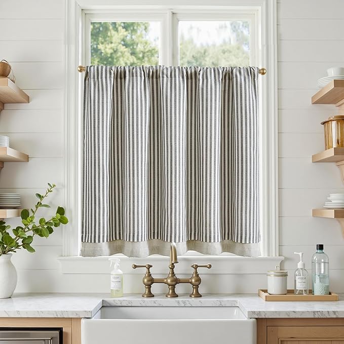 jinchan Double Layer Striped Linen Kitchen Tier Curtain Rustic Cafe for Living Room Bathroom Half Window Curtain Light Filtering Rod Pocket 1 Panel 36 Inch Charcoal Grey