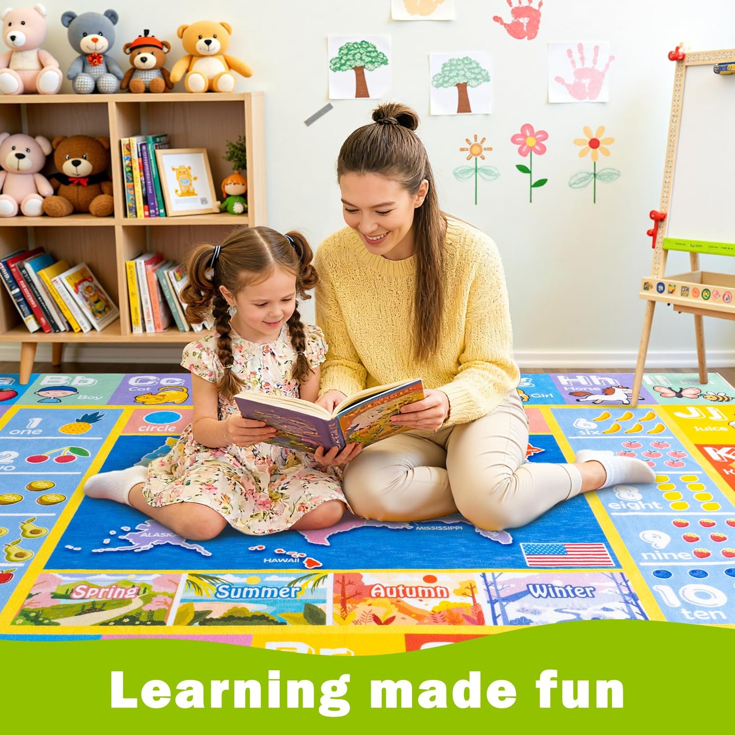 OHDS Kids Rugs for Playroom - Soft & Non-Slip 8x10 Feet Educational Rug for Learning ABC Alphabet, Numbers, Shapes & Map, Washable Classroom Rug for Toddler Nursery & Kids Room Decor