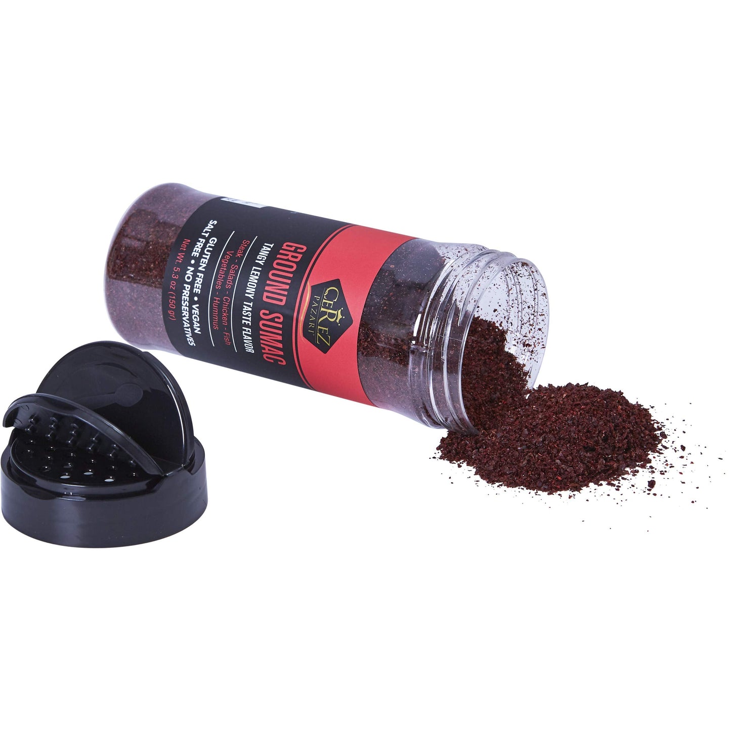 Cerez Pazari Sumac Spice Powder, Turkish Sumac Seasoning, Tangy Lemony Flavor, Middle Eastern And Mediterranean Spices, Gluten-Free, Easy To Use Flapper Spice Cap, 5.2 oz.