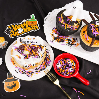 Halloween Sprinkles, Black Orange Purple White Jimmies with Edible Candy Eyes for Cake Decorating, 4.6oz Cookie Cupcake Decorations for Spooky Halloween Baking & Party Treats