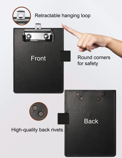 Dyowe Mini Clipboards 4"x6", Small Clipboards with Pen Holder, Faux Leather Memo Pocket Clipboard for Receipts & Small Notepads, Perfect for Teachers Kids Nurses Police Golfers Drivers(Black)