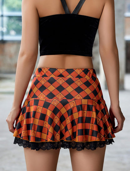 Avidlove Mini Skirt for Women Solid Lace Ruffle Skirt Schoolgirl Lingerie Short Skirt Orange Halloween M