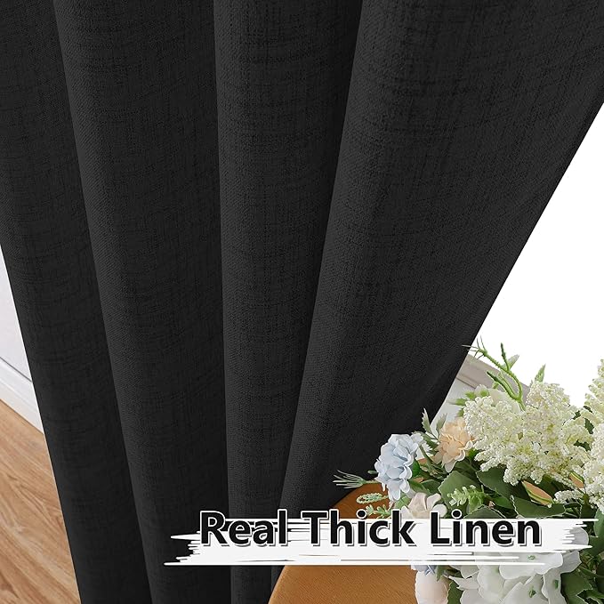 Tollpiz Short Linen Curtain Living Room Rod Pocket Semi Sheer Curtains Burlap Light Filtering Thick Linen Drape for Bedroom, 54 x 45 inches Long, Black, Set of 2 Panels