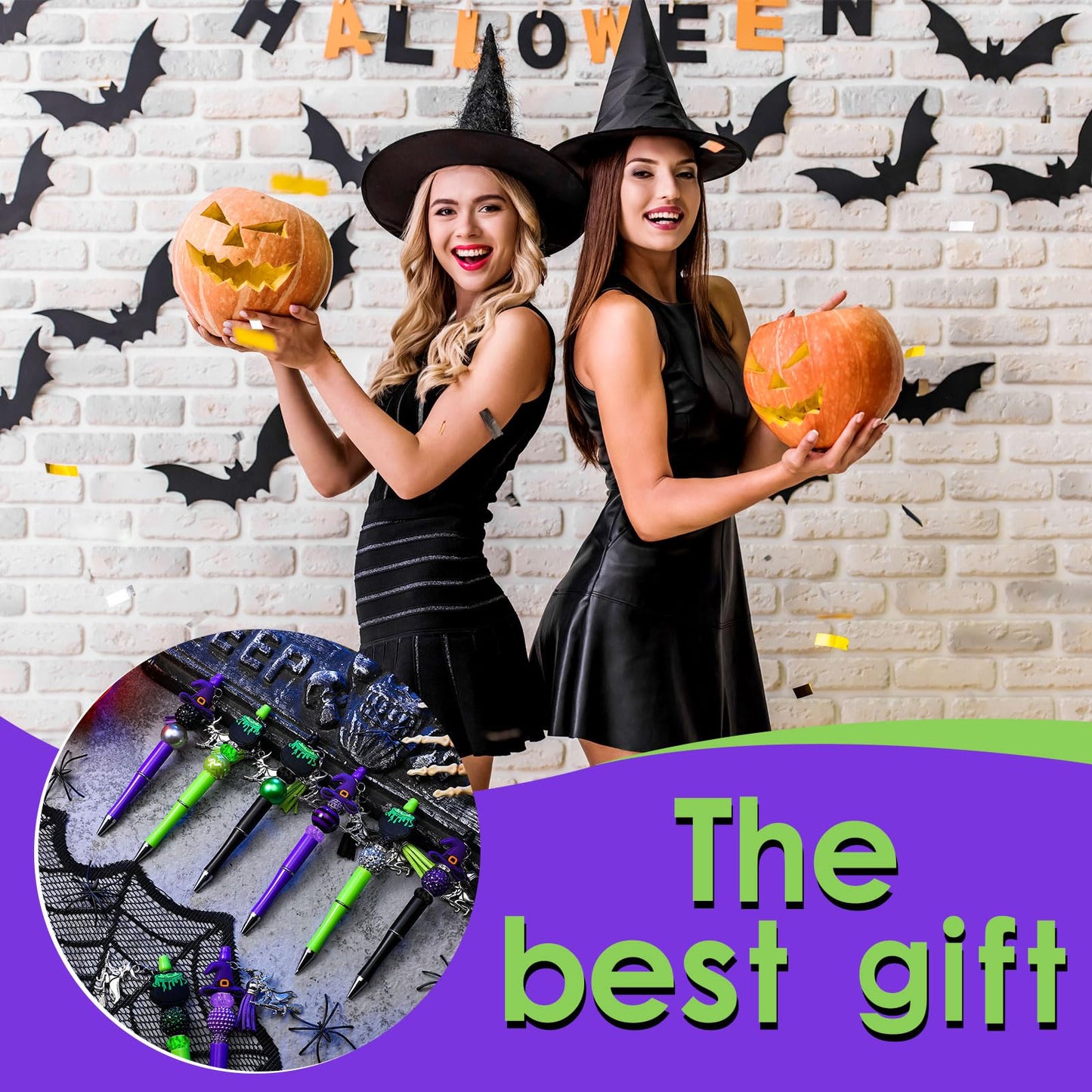 Jutom 12 Pcs Halloween Beadable Pens with Focal Silicone Beads Witch Cauldron Purple Green Bead Crafting DIY Making Pens Kit for Office School Christmas Holiday Gift Bulk