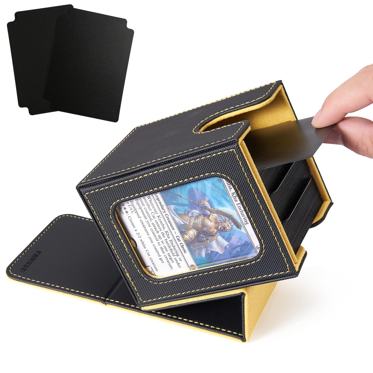 Venssu MTG Deck Box for Commander Display, Fits 100 Double Sleeved Cards, TCG Card Storage Box (Black and Yellow, 1 Window)