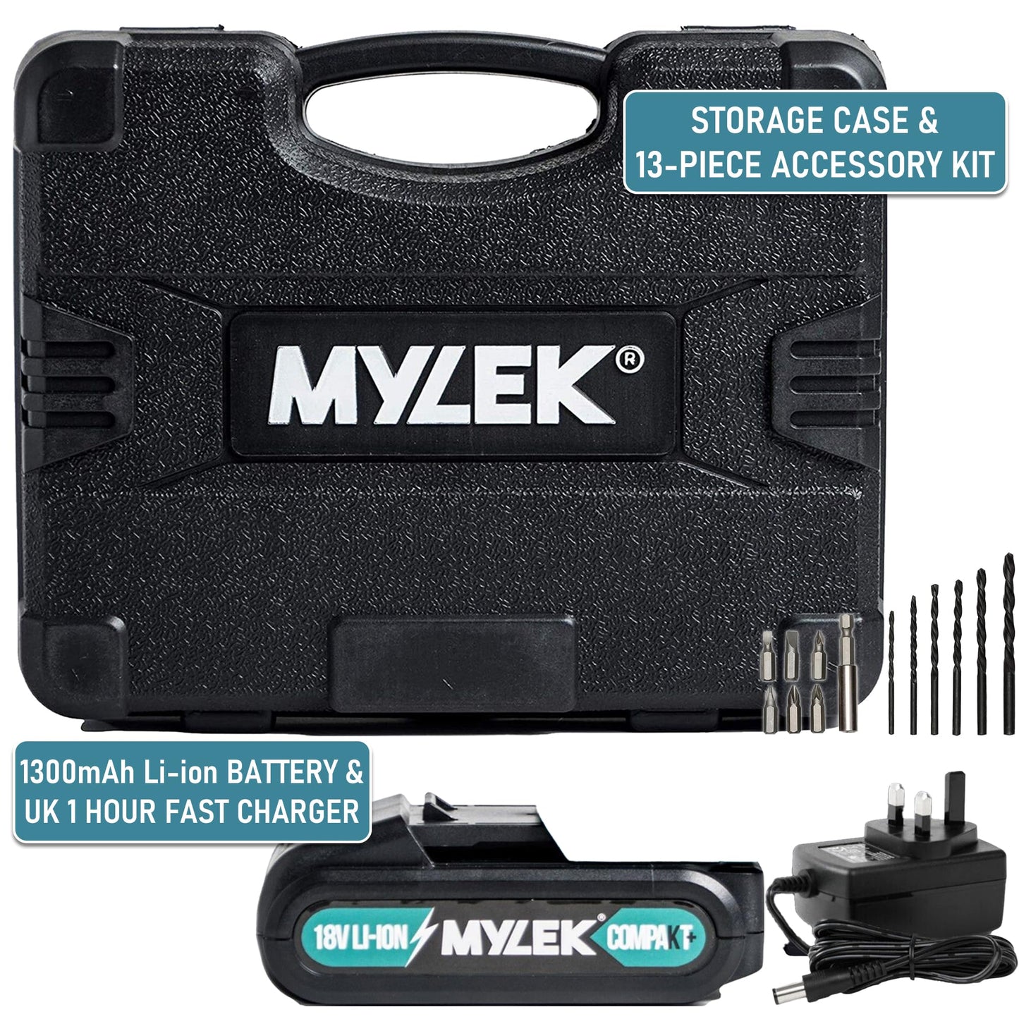 MYLEK MY18BCM1 Cordless Drill 18V, 1500 mAh Li-Ion Driver 28Nm, 1 Hour Electric Quick Charge, 2 Speed, LED Work Light, Carry Case with Accessory Kit, Variable Speed & Quick Stop Function