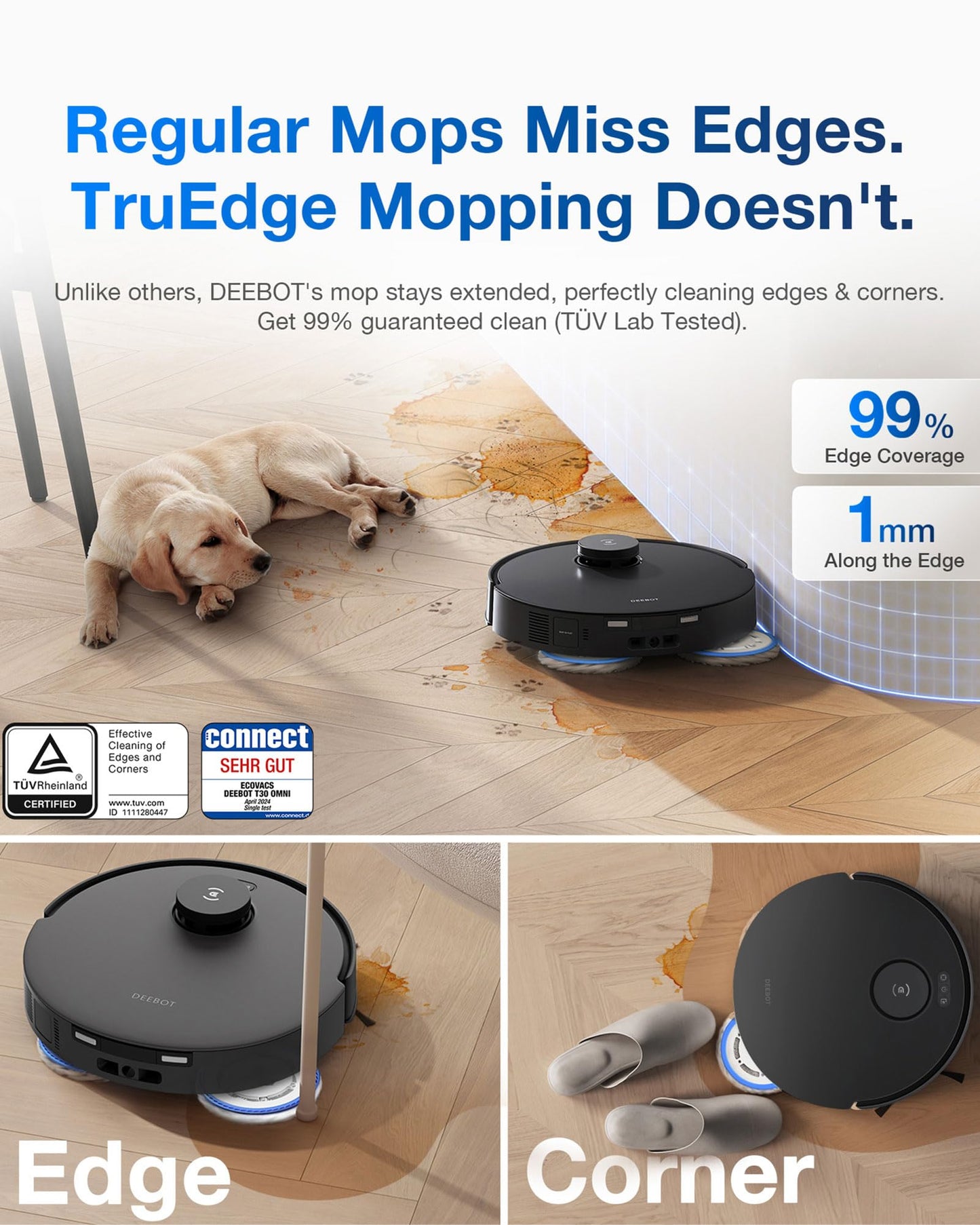 ECOVACS Deebot T30 Omni Robot Vacuum Cleaner with Wiping Function, Mini Station Vacuum Cleaner Robot, 11,000 PA Suction Power, Adaptive Edge Cleaning with TruEdge™ Mopping Technology, ZeroTangle™