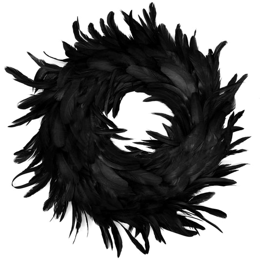JOYIN 13.5" Black Natural Feathers Wreath for Halloween Decorations, Spooky Scene Party Favors, Halloween Photo Props, Trick of Treat, Front Door, Porch, Window, Indoor Outdoor Party Decorations