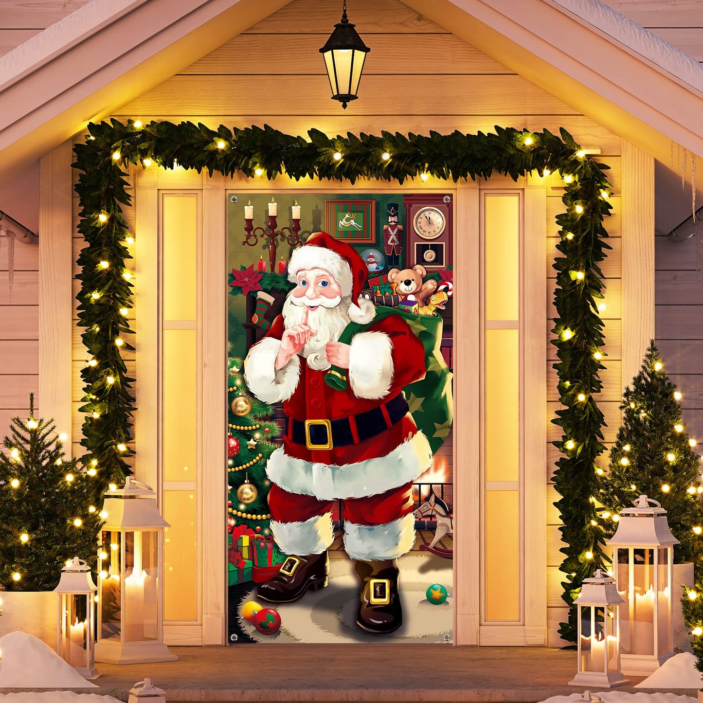Christmas Door Cover Decoration Santa Claus Front Door Cover Xmas Hanging Banner Santa Background for Home Holiday Christmas Decoration