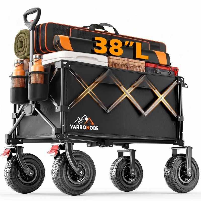 Big Rubber Wheels Beach Wagon Cart Foldable, 9x3 All-Terrain Wheels, Heavy Duty Collapsible Utility Wagon with 330lbs Capacity, Compact Storage, Easy Transport for Sand Camping Sports, Black