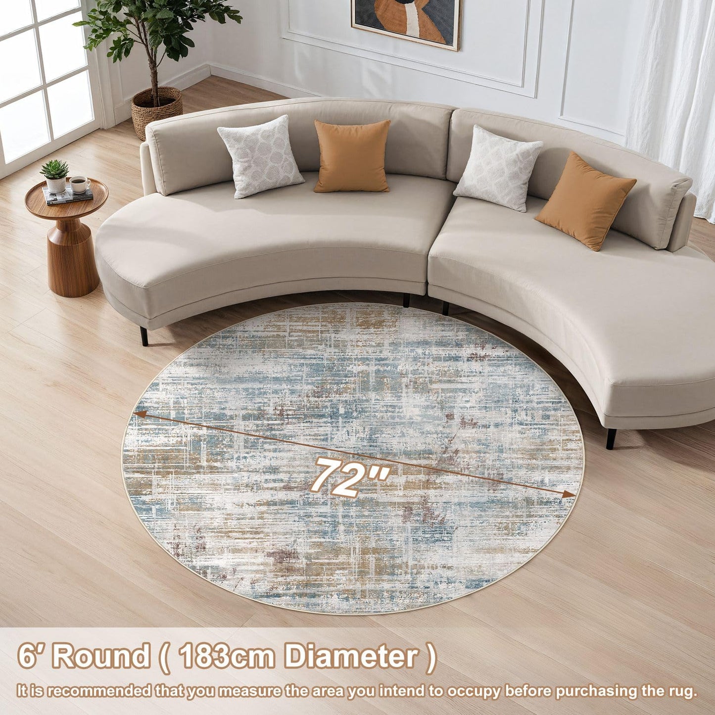UERMEI 6ft Round Area Rug for Living Room: 6x6 Washable Neutral Abstract Modern Soft Circle Rugs Non Slip Indoor Floor Stain Resistant Carpet for Bedroom Dining Room Office Nursery Blue Brown
