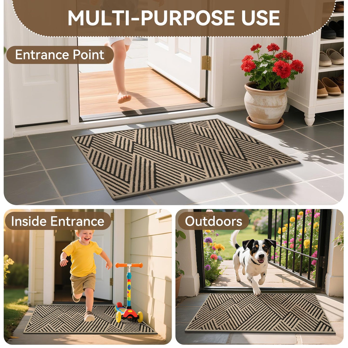 QiCaiJia Door Mat Indoor Outside Entrance 36"x59", Low-Profile Non Slip Outdoor Inside Doormat Entryway Mat, Dirt Resistant Absorbent Front Porch Welcome Entry Mats, Washable Easy Clean, Brown