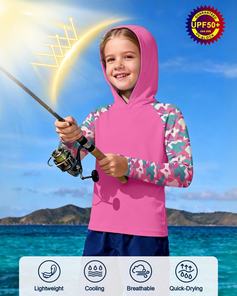 DRONIRING Boys Rash Guard Swim Hoodie, UPF 50+ UV Sun Protection Long Sleeve Fishing Shirt, Kids Youth SPF Water Shirts Deep Pink
