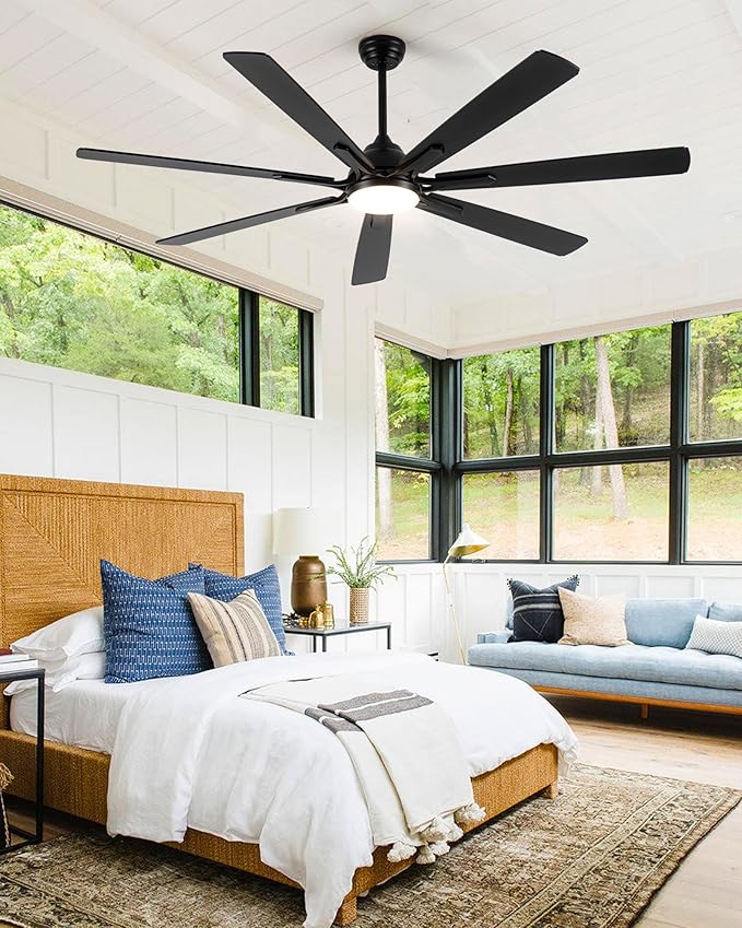 72" Large Smart Ceiling Fan with Light Remote Control via WiFi Alexa,6-Speeds Quiet DC Motor,Dimmable,Indoor Outdoor Black Ceiling Fan for Living Room,Patio,Dual Finish 7 Blades