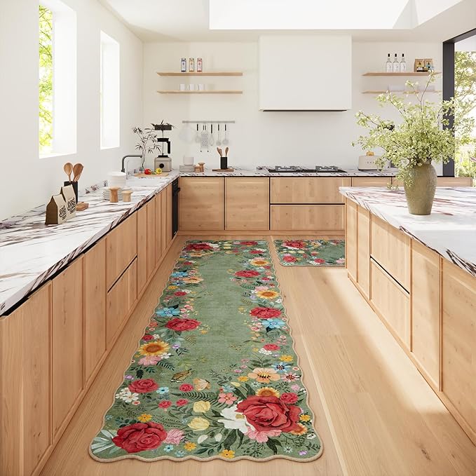 Kitchen Rug Runners for Hallways: 2'6''x10' Washable Runner Rugs for Kitchen Ultra Thin Stain Resistant Non Slip Low Pile Lightweight Vintage Floral Carpet for Farmhouse Decor (Green)