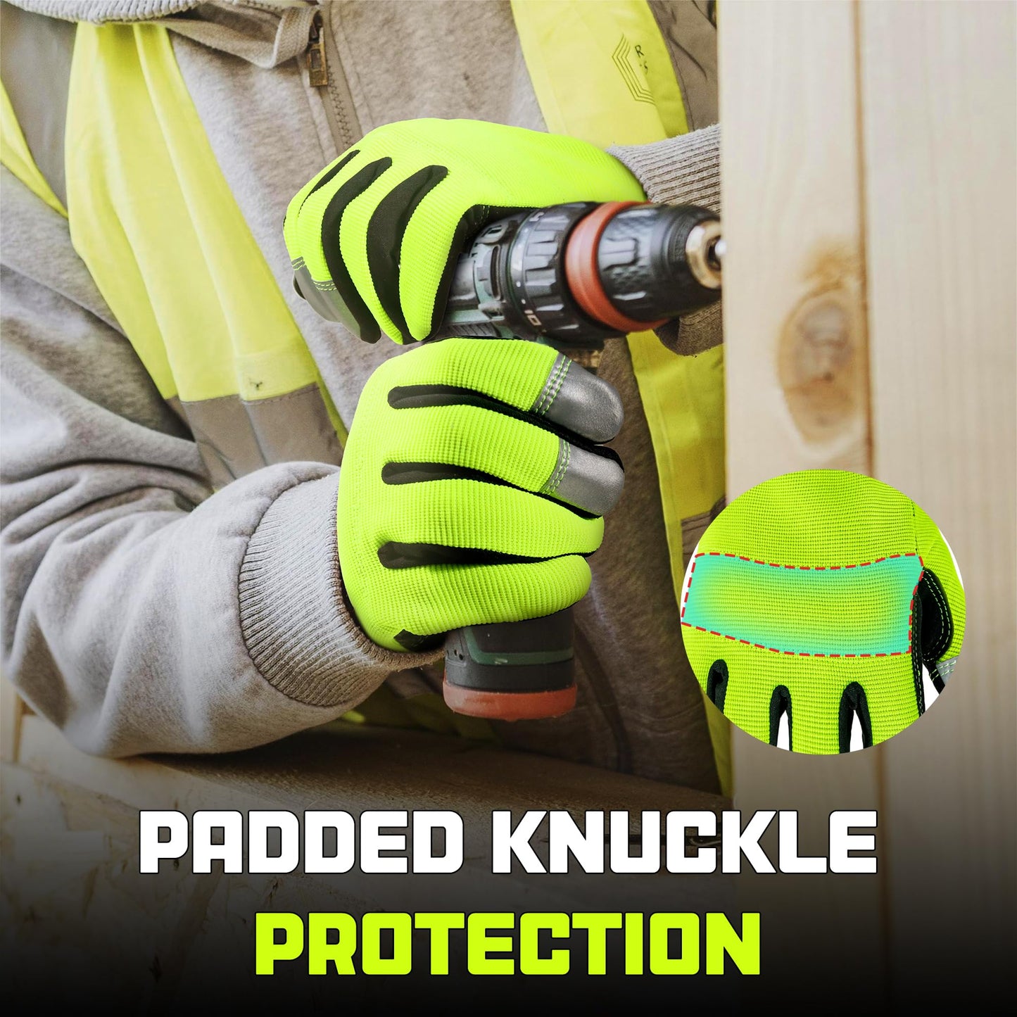HANDLANDY Mens Work Gloves Touch Screen, Synthetic Leather Utility Gardening Gloves, Flexible Breathable Spandex Back- Padded Knuckles & Palm (Hi-vis Yellow, L)