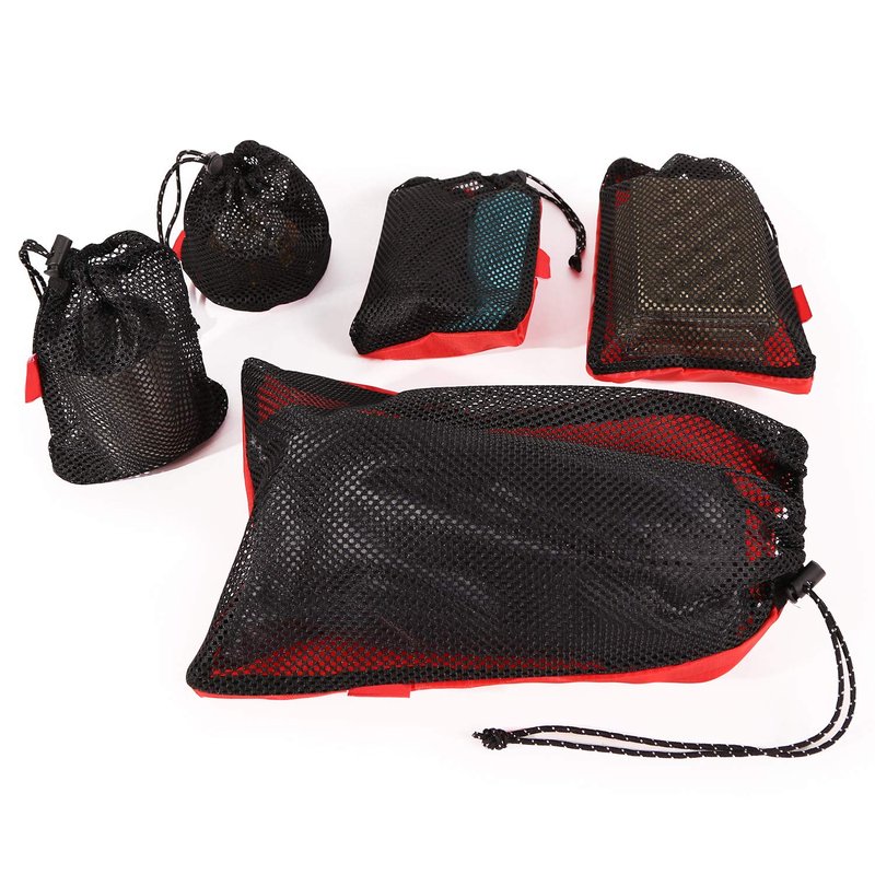 REDCAMP 5PCS Small Ditty Bags Set for Backpacking, Ultralight Nylon Mesh Drawstring Stuff Sack Assortment Storage Pouch Bags for Outdoor Camping Indoor Home, Red