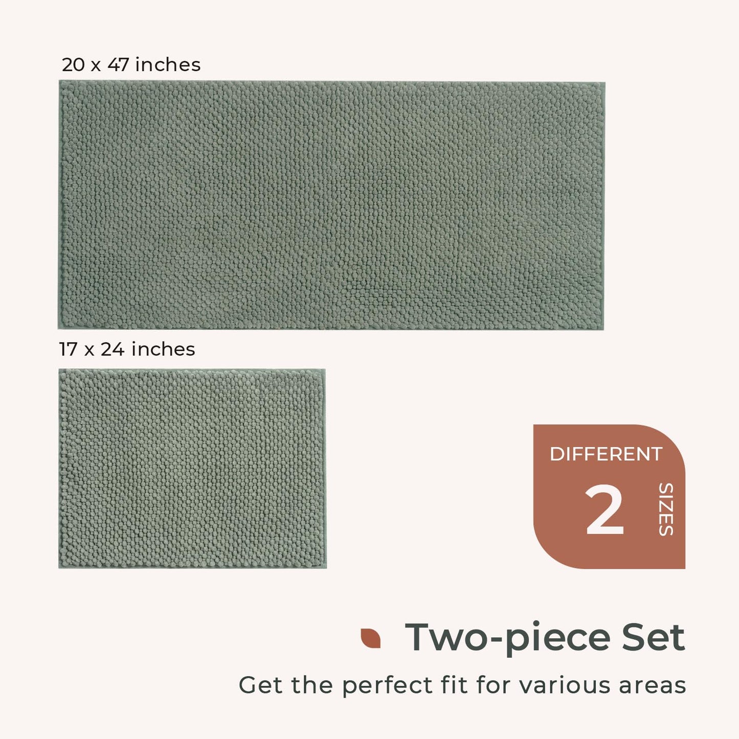 FRESHMINT Chenille Bathroom Rugs Set - 2 Piece 17"x24" + 20"x47", Non-Slip Bath Mats, Water Absorbent, Washable Shower Floor Mat, Sage Green