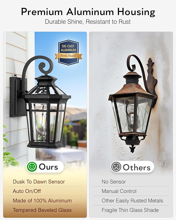 Outdoor Light Fixtures Wall Mount, 2-Pack Outdoor Wall Sconce Dusk to Dawn, Exterior Lantern with E26 Base, Matte Black Finish Coach Lights for Garage, Waterproof Outside Lights for House