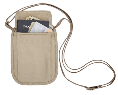 eagle creek RFID Blocker Neck Wallet - Durable and Lightweight Travel Passport and Valuables Organizer with Hook and Loop Closure and Adjustable Neck Strap, Tan