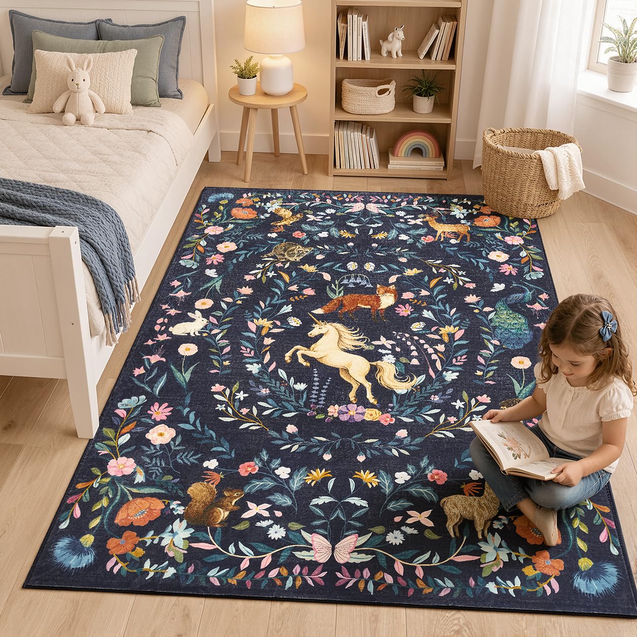 jinchan Moonrise Area Rug 5x7 Kids Room Rug Washable Unicorn Rug Soft Non-Slip Low Pile Fairytale Woodland Animals Floral Carpet for Classroom Nursery Playroom Bedroom Living Room Midnight Navy Blue